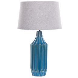 Tischlampe Blau Keramik 56 cm mit grauem Schirm langes Kabel mit Schalter Wohnzimmer Medernes Design
