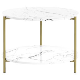 Couchtisch Weiß MDF-Platte Marmor Optik Rund 60 cm mit Goldenem Metallgestell Ablage Modern Glamour Stil Sofatisch für Wohnzimmer Salon Möbel