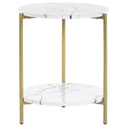 Beistelltisch Weiß MDF-Platte Marmor Optik Rund 40 cm mit Goldenem Metallgestell Regal Modern Glamour Stil Sofatisch Wohnzimmer Salon Möbel