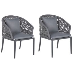 Gartenstuhl 2er Set Grau Aluminium mit Armlehnen Auflagen Flechtseil Terrasse Balkon Outdoor Möbel