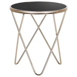Beistelltisch Schwarz Gold Sicherheitsglas Metall 50 x 55 cm V förmigen Füße Couchtisch Glänzend Rund Modern