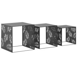 Couchtisch 3er Set Schwarz Eisen rechteckig mit Blättermuster 3-Satz-Tisch stapelbar verschiedene Höhen übereinander stellbar Industrie Stil