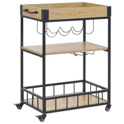 Servierwagen Schwarz Metall und MDF-Platte Holzoptik Rechteckig mit Griff Rollen Flaschenhalter Gläserhalter für Küche Terrasse Wohnzimmmer