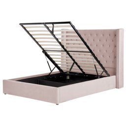 Bett mit Bettkasten Rosa Gepolstert 140 x 200 cm Lattenrost Hohes Kopfteil Knopfheftung Nieten Retro Klassisch Schlafzimmer