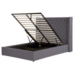 Bett mit Bettkasten Grau Gepolstert 140 x 200 cm Lattenrost Hohes Kopfteil Knopfheftung Nieten Retro Klassisch Schlafzimmer