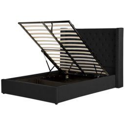Bett mit Bettkasten Schwarz Gepolstert 140 x 200 cm Lattenrost Hohes Kopfteil Knopfheftung Nieten Retro Klassisch Schlafzimmer