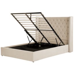 Bett mit Bettkasten Beige Gepolstert 140 x 200 cm Lattenrost Hohes Kopfteil Knopfheftung Nieten Retro Klassisch Schlafzimmer