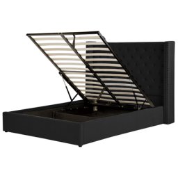 Bett mit Bettkasten Schwarz Gepolstert 160 x 200 cm Lattenrost Hohes Kopfteil Knopfheftung Nieten Retro Klassisch Schlafzimmer