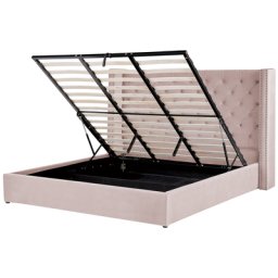 Bett mit Bettkasten Rosa Gepolstert 180 x 200 cm Lattenrost Hohes Kopfteil Knopfheftung Nieten Retro Klassisch Schlafzimmer
