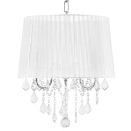 Hängeleuchte Weiß Metall 3-flammig mit Kristallen aus Acrylglas und Stoffschirm Kronleuchter-Optik Glamour Stil