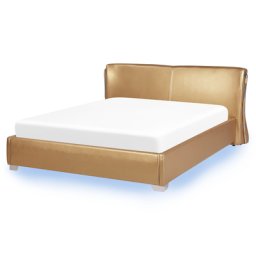 Lederbett Gold 160 x 200 cm mit LED Beleuchtung Lattenrost Geschwungene Kopfteil Verchromten Füße Dekorative Elemente Modern