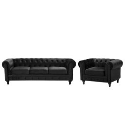 Sofa Set Schwarz Samtstoff Sizgruppe Chesterfield Stil Glamourös Wohnzimmer