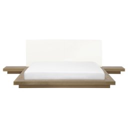 Bett heller Holzfarbton Lattenrost 160 x 200 cm Holzfurnierte MDF Platte Mit Nachttischen Elegant Japanischen Stil