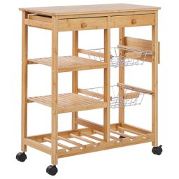 Servierwagen Helles Bambusholz 80 x 67 x 37 cm mit Ablagen, Flaschenhaltern, 2 Schubladen und 2 Gitterkörben Wohnzimmer Küche