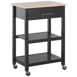 Servierwagen Schwarz Gummibaumholz MDF Platte 85 x 58 x 40 cm Modern Multifunktionell Zwei Fächer Schublade Wohnzimmer