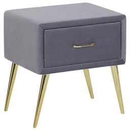 Nachttisch Grau Samt 38 x 46 x 49 cm mit Metallgestell Gold 1 Schublade Rechteckig Aufbewahrung Modern Glamourös Möbel für Schlafzimmer Flur