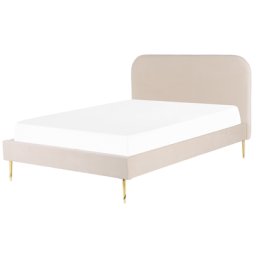Bett Beige Samtstoff mit Lattenrost 140 x 200 cm Metallfüße Gold hohes Kopfteil Retro Glamourös Polsterbett Doppelbett Schlafzimmer