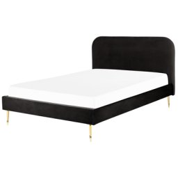 Bett Schwarz Samtstoff mit Lattenrost 140 x 200 cm Metallfüße Gold hohes Kopfteil Retro Glamourös Polsterbett Doppelbett Schlafzimmer