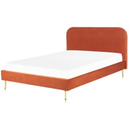 Bett Orange Samtstoff mit Lattenrost 140 x 200 cm Metallfüße Gold hohes Kopfteil Retro Glamourös Polsterbett Doppelbett Schlafzimmer