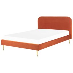 Bett Orange Samtstoff mit Lattenrost 180 x 200 cm Metallfüße Gold hohes Kopfteil Retro Glamourös Polsterbett Doppelbett Schlafzimmer