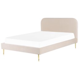 Bett Beige Samtstoff mit Lattenrost 180 x 200 cm Metallfüße Gold hohes Kopfteil Retro Glamourös Polsterbett Doppelbett Schlafzimmer