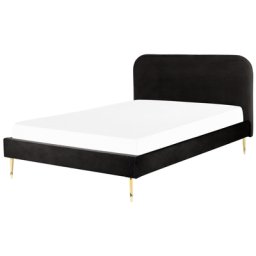 Bett Schwarz Samtstoff mit Lattenrost 160 x 200 cm Metallfüße Gold hohes Kopfteil Retro Glamourös Polsterbett Doppelbett Schlafzimmer