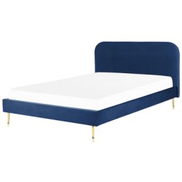 Bett Blau Samtstoff mit Lattenrost 180 x 200 cm Metallfüße Gold hohes Kopfteil Retro Glamourös Polsterbett Doppelbett Schlafzimmer
