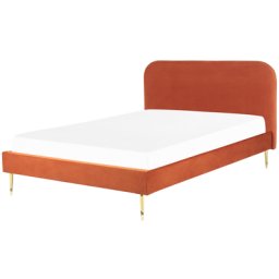 Bett Orange Samtstoff mit Lattenrost 160 x 200 cm Metallfüße Gold hohes Kopfteil Retro Glamourös Polsterbett Doppelbett Schlafzimmer