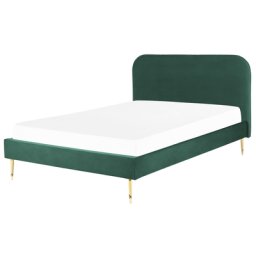Bett Grün Samtstoff mit Lattenrost 140 x 200 cm Metallfüße Gold hohes Kopfteil Retro Glamourös Polsterbett Doppelbett Schlafzimmer