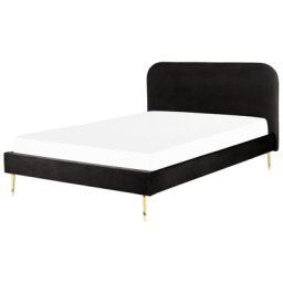 Bett Schwarz Samtstoff mit Lattenrost 180 x 200 cm Metallfüße Gold hohes Kopfteil Retro Glamourös Polsterbett Doppelbett Schlafzimmer