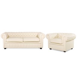 Sofa und Sessel Creme Echtleder 4-Sitzer Set Chesterfield Stil Glamourös Wohnzimmer