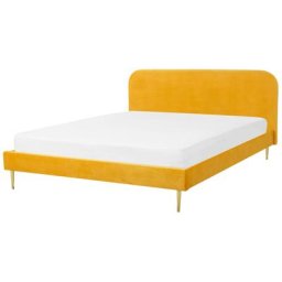 Bett Gelb Samtstoff mit Lattenrost 180 x 200 cm Metallfüße Gold hohes Kopfteil Retro Glamourös Polsterbett Doppelbett Schlafzimmer