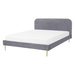 Bett Grau Samtstoff mit Lattenrost 140 x 200 cm Metallfüße Gold hohes Kopfteil Retro Glamourös Polsterbett Doppelbett Schlafzimmer