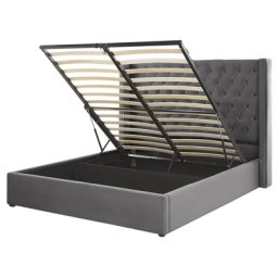 Bett mit Bettkasten Grau Gepolstert 160 x 200 cm Lattenrost Hohes Kopfteil Knopfheftung Nieten Retro Klassisch Schlafzimmer