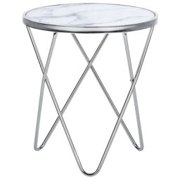Beistelltisch Weiß Silber Sicherheitsglas Metall 50 x 55 cm V förmigen Füße Couchtisch Glänzend Marmor Optik Rund Modern