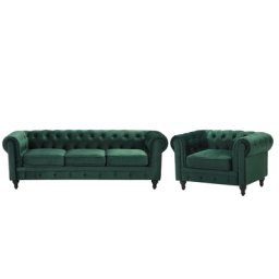 Sofa Set Dunkelgrün Samtstoff Sizgruppe Chesterfield Stil Glamourös Wohnzimmer
