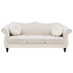 Sofa Beige Samtstoff 3-Sitzer Chesterfield Stil Retro Zierkissen Wohnzimmer