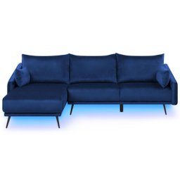 Ecksofa Dunkelblau Samtstoff 3-Sitzer L-Förmig Rechtsseitig Glamourös LED Licht Wohnzimmer
