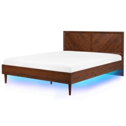 Bett Dunkelbraun Faser- und MDF-Platten mit Holzbeinen LED-Beleuchtung Lattenrost 180 x 200 cm Holzoptik Modern Schlafzimmer Doppelbett