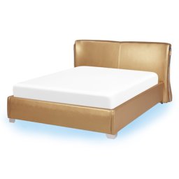 Lederbett Gold 140 x 200 cm LED Beleuchtung Mit Lattenrost Geschwungene Kopfteil Verchromte Füße Dekorative Elemente Modern
