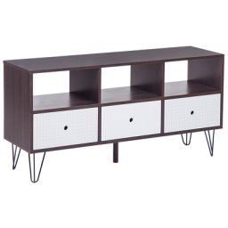 TV Möbel Dunkler Holzfarbton Weiß MDF Platte Faserplatte Pulverbeschichtetes Metall 60 x 120 x 35 cm Modern Retro 3 Schubladen Wohnzimmer