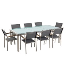 Gartenmöbel Set Grau Sicherheitsglas Edelstahl Tisch 220 cm 8 Stühle Terrasse Outdoor Modern