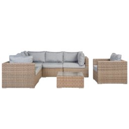 Gartenmöbel Set Hellbraun Rattan Textil Hellgrau inkl. Kissen 6-Sitzer Rechtsseitig Terrasse Outdoor Modern