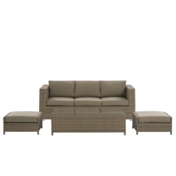 Lounge Set Braun PE Rattan Kaffeetisch 2 Ottomane Auflagen Modern Outdoor