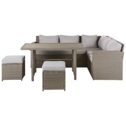 Gartenmöbel Set Polyrattan Taupe Textil Hellgrau inkl. Auflagen 5-Sitzer Lounge Set Tisch Zwei Hocker Terrasse Outdoor Garten Modern