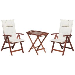 Balkonset Dunkelbraun Akazienholz verstellbar mit Auflagen Cremeweiß Tisch mit 2 Stühlen Rustikal Landhaus Stil Terrasse Garten Möbel