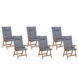 Gartenstuhl 6er Set Hellbraun Akazienholz klappbar verstellbar Auflagen Blau Stoffbezug Rustikal Landhaus Stil Outdoor