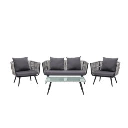 Gartenmöbel Set Graphitgrau Rattan Sicherheitsglas Textil inkl. Kissen 4-Sitzer Terrasse Outdoor Modern