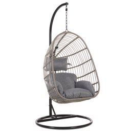 Hängesessel Grau Rattan mit schwarzem Stahl-Gestell inkl. Kissen Outdoor Indoor Boho Stil