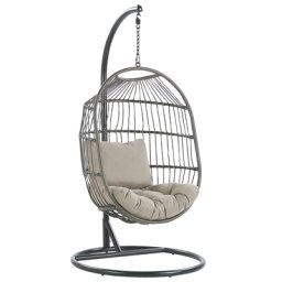 Hängesessel mit Metallgestell Schwarz Rattan / Flechtseil 2 Kissen Taupe Hängestuhl Korb Schwebesessel Wohnzimmer Terrasse Balkon Modernes Design